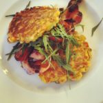 corn fritters and crispy bacon